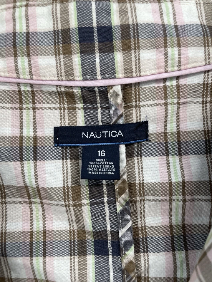 Blazer Nautica a Cuadros para Mujer 16 Tostado Rosa Algodón Preppy Chaqueta Ligera Carrera Foto 3 de 4