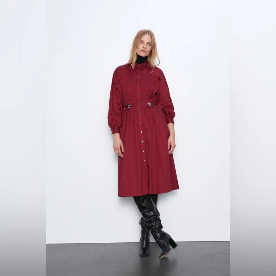 Vestido Camisa Zara Rojo Con Botones Midi Talla Grande (Mediano) Gótico Renacimiento Foto 2 de 4
