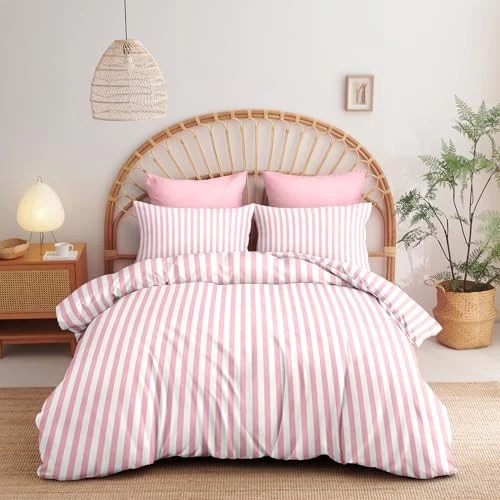 Funda nórdica a rayas tamaño rosa rayas geometría ropa de cama reina rosa blanco rayas Foto 3 de 4