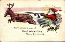 Dr Jim Stamps Postcard Santa With Reindeer Flying Merry Christmas Linen