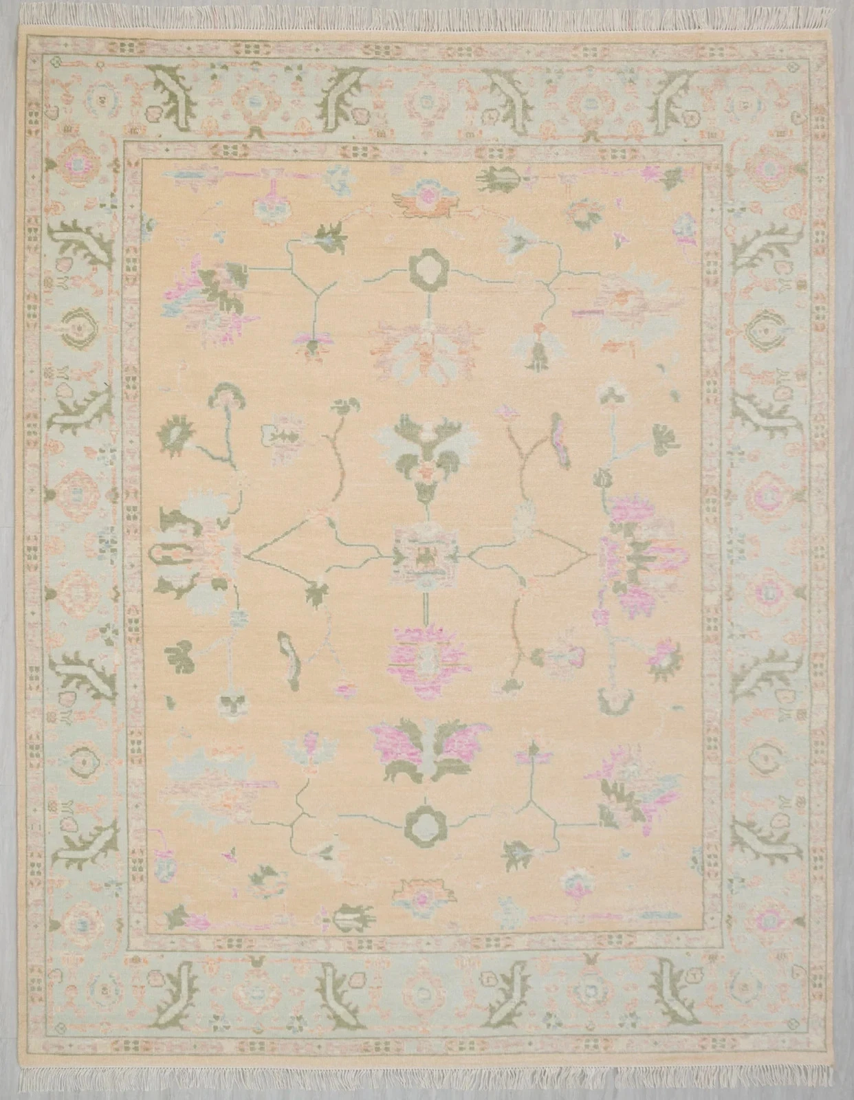 Hand-Knotted Ivory Oushak Wool Rug: Pastel Floral Area Rug015