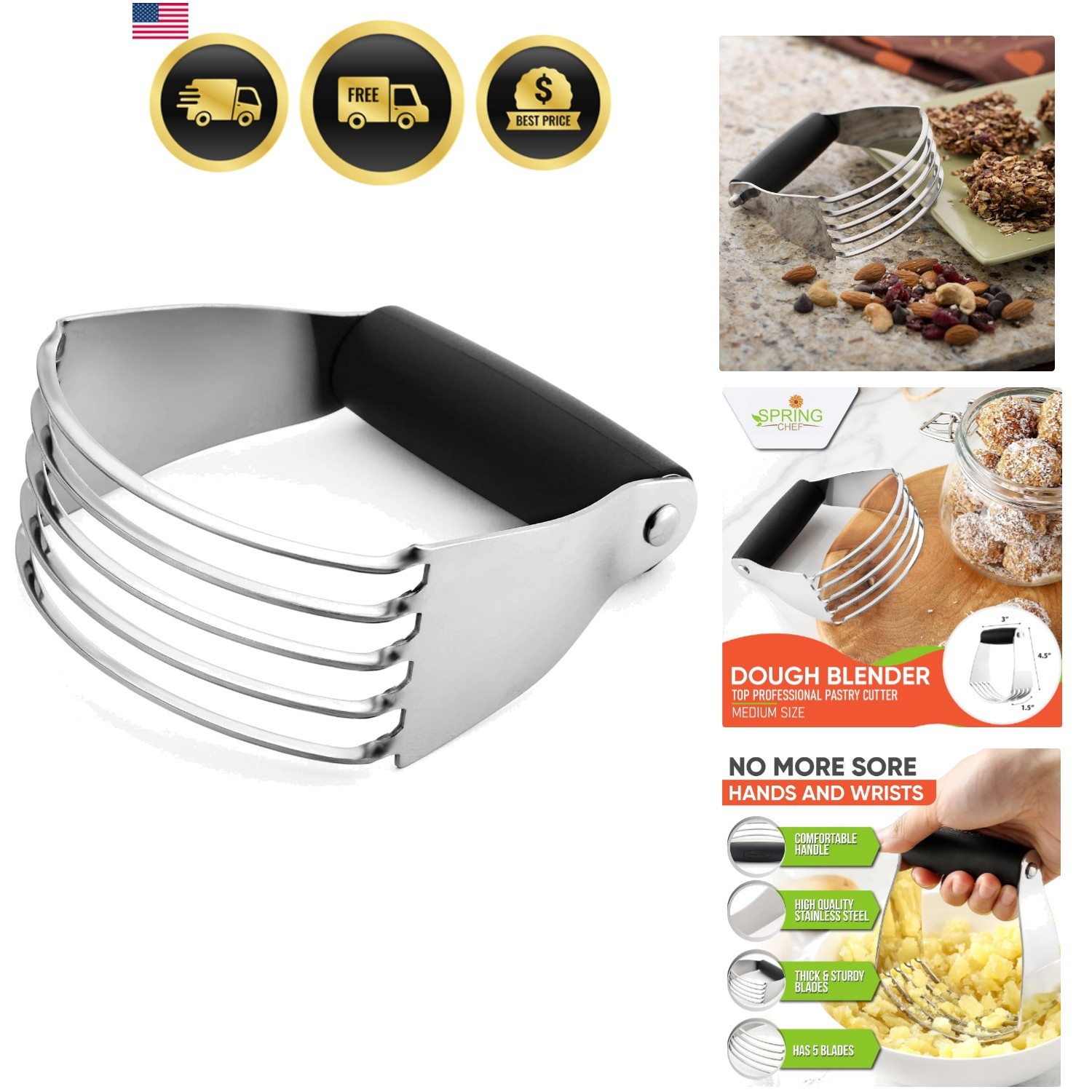 Dough Blender Pastry Cutter Stainless Steel Heavy Duty Kitchen Tool