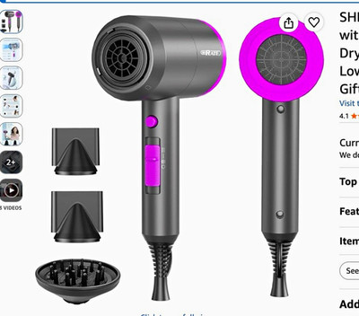 SHRATE Mini 1800W Ionic Hair Dryer with Diffuser, Gray/Purple Lightweight