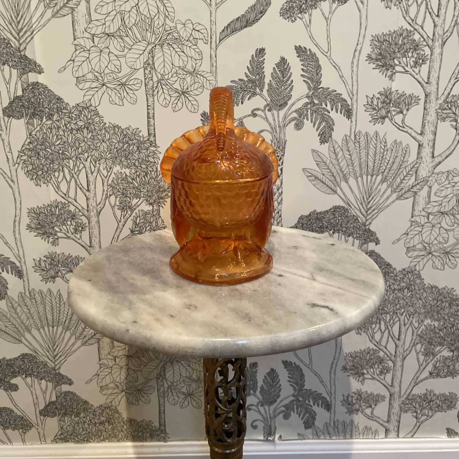 ￼ Amber Orange Vintage Glass Nesting Turkey Candy Dish holiday Centerpiece