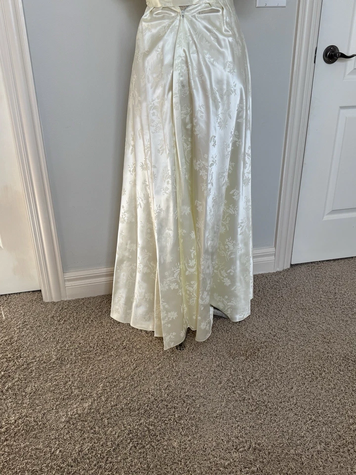 Vintage Ivory Satin Jacquard Gown • Handmade • Puff Sleeves • Wrap Bodice • XS - Image 3 of 4