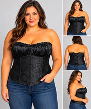 Black Strapless Overbust Boned Lace-Up Corset Top 6XL Adjustable Paisley