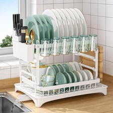 Large 2 Tier Kitchen Dish Drainer Rack Drain Board Cutlery Glass Holder