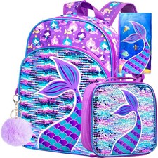 AGSDON 3PCS Kids Backpacks for Girls, 16 Little Kid Mermaid Sequin Preschool Sch