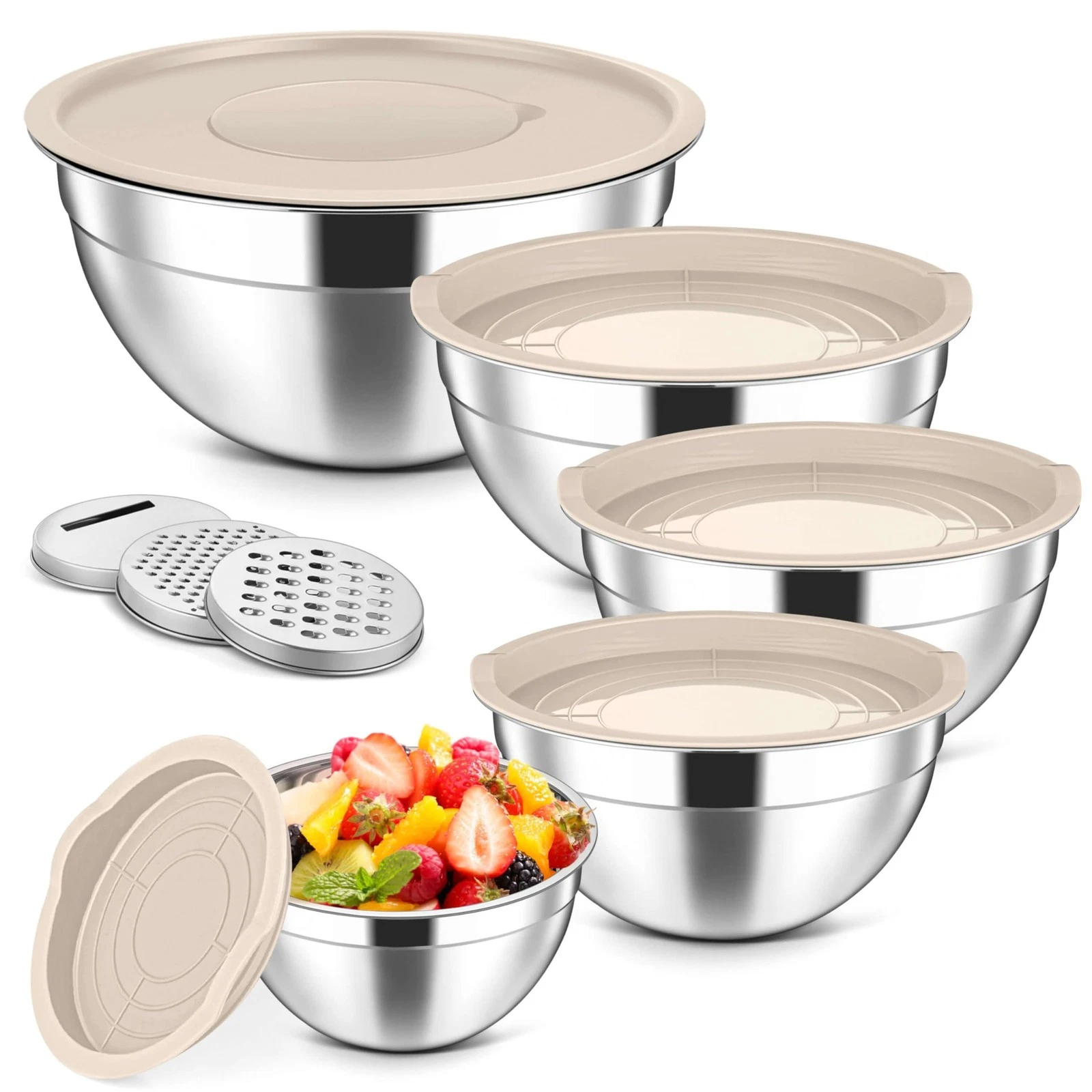 5-Piece Mixing Bowls with Lids, 3 Grater Attachments, Stainless Steel Salad B...
