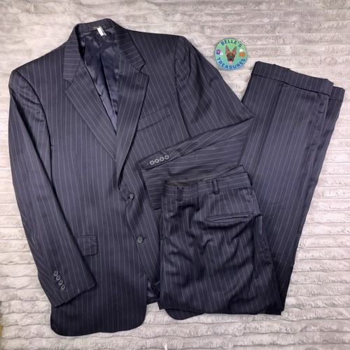 Hart Shaffner Marx Gold 2 PC Suit 46L Blazer 41X31 Dress Pants Navy Pinstripe
