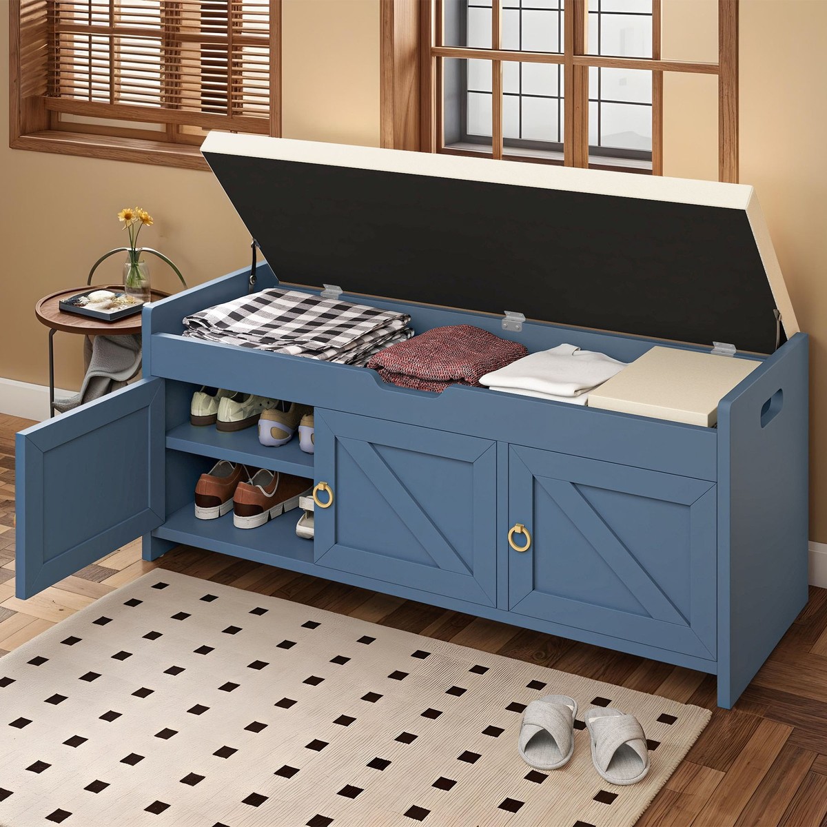 Drawers Blue Shoe Storage Bench Shoe Cabinet Bench W/ Flip Drawer