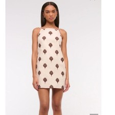 Embroidered Mini Dress Cream Brown Floral Open Tie Back Sleeveless Shift