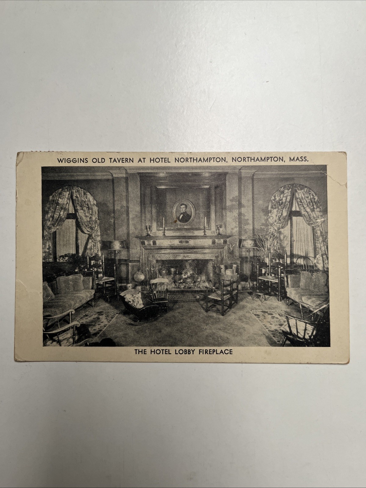 Massachusetts MA Northampton Hotel Wiggins Tavern Lobby Fireplace Postcard Old