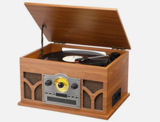 10-in-1 Mahogany Record Player w Speakers, Bluetooth, CD/Cassette, USB, AM/FM 3S