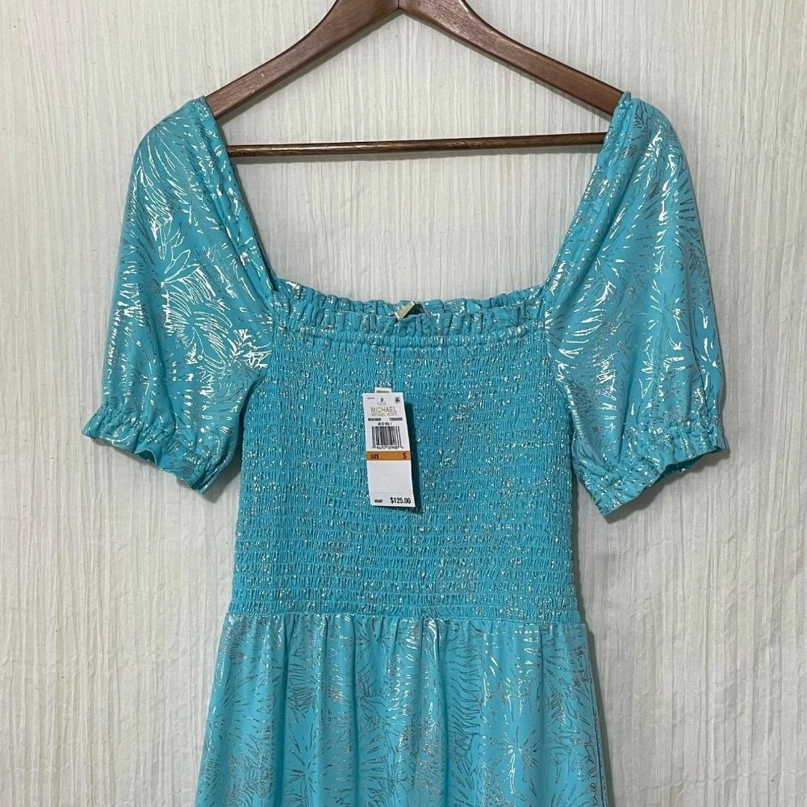 Abito Michael Kors Smocked Contadino Stampa Foil Turchese Nuovo con etichette Small