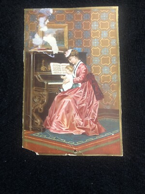 Victorian Trade Card Dr C McLane s Liver Pills Woman Playing Piano with Baby
