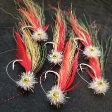 SALTWATER FISHING FLIES RED WHITE BC BUG SIZE # 1/0 CUSTOM TIED WEEDLESS