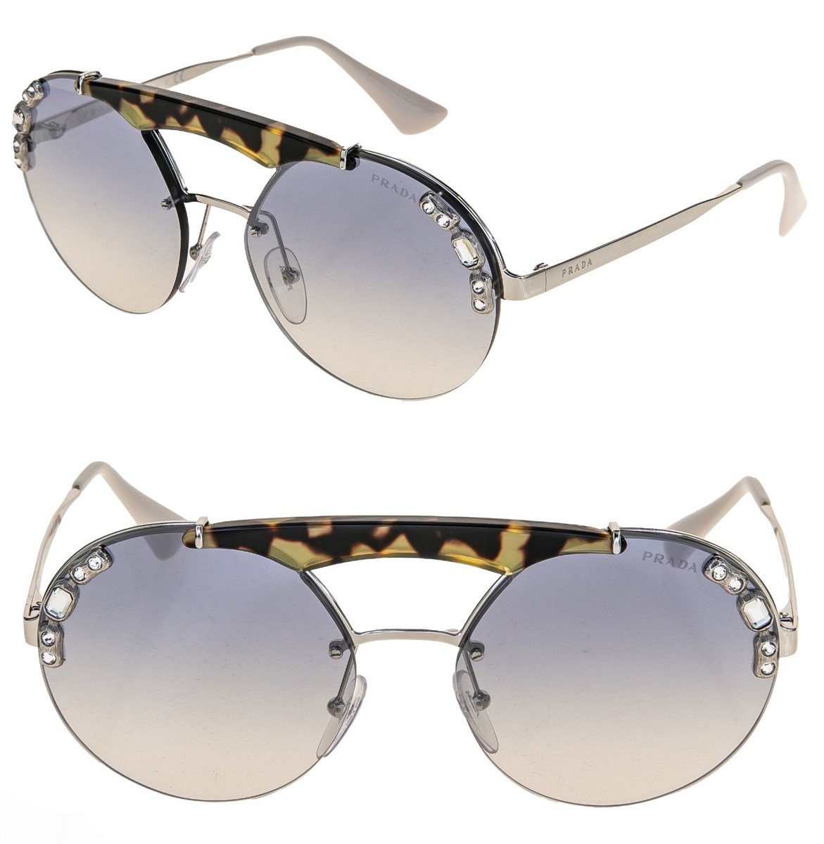 PRADA 52U ORNATE JEWEL Stud Silver Blue Sunglasses PR52US Snoop