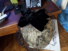 VINTAGE Mr Johns LADIES HAT Sequins, NETTING BLACK WITH Black Velvet Bow