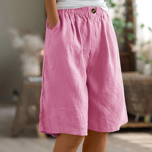 Pantalones cortos para mujer color liso bolsillo abotonado capris cintura elástica sueltos - Imagen 25 de 66