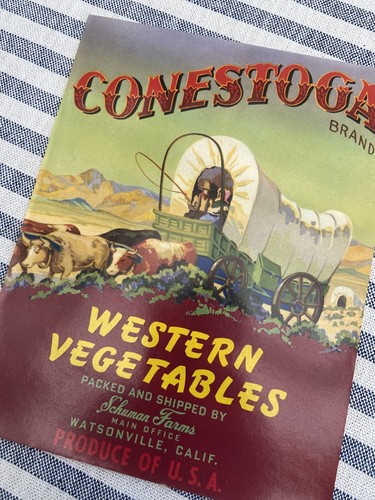 Vintage 1940s American Vegetables Crate Label Conestoga brand cowboy FREE UK P&P - Picture 2 of 14