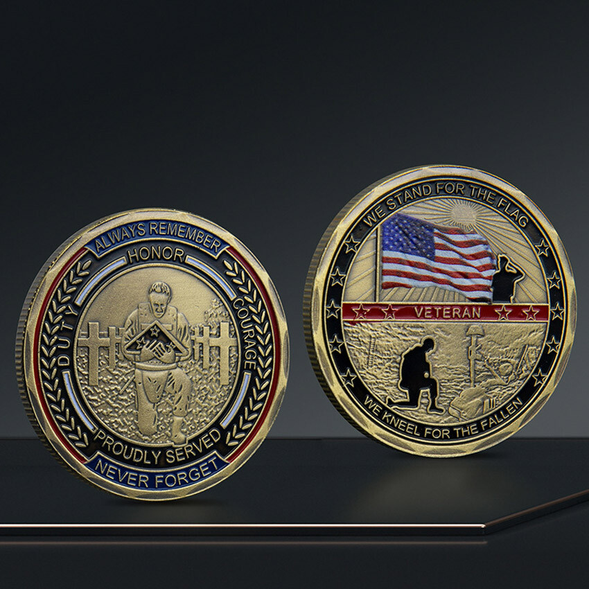 Veteran Coin Stand for The Flag, Kneel for The Fallen Military Challenge Coin