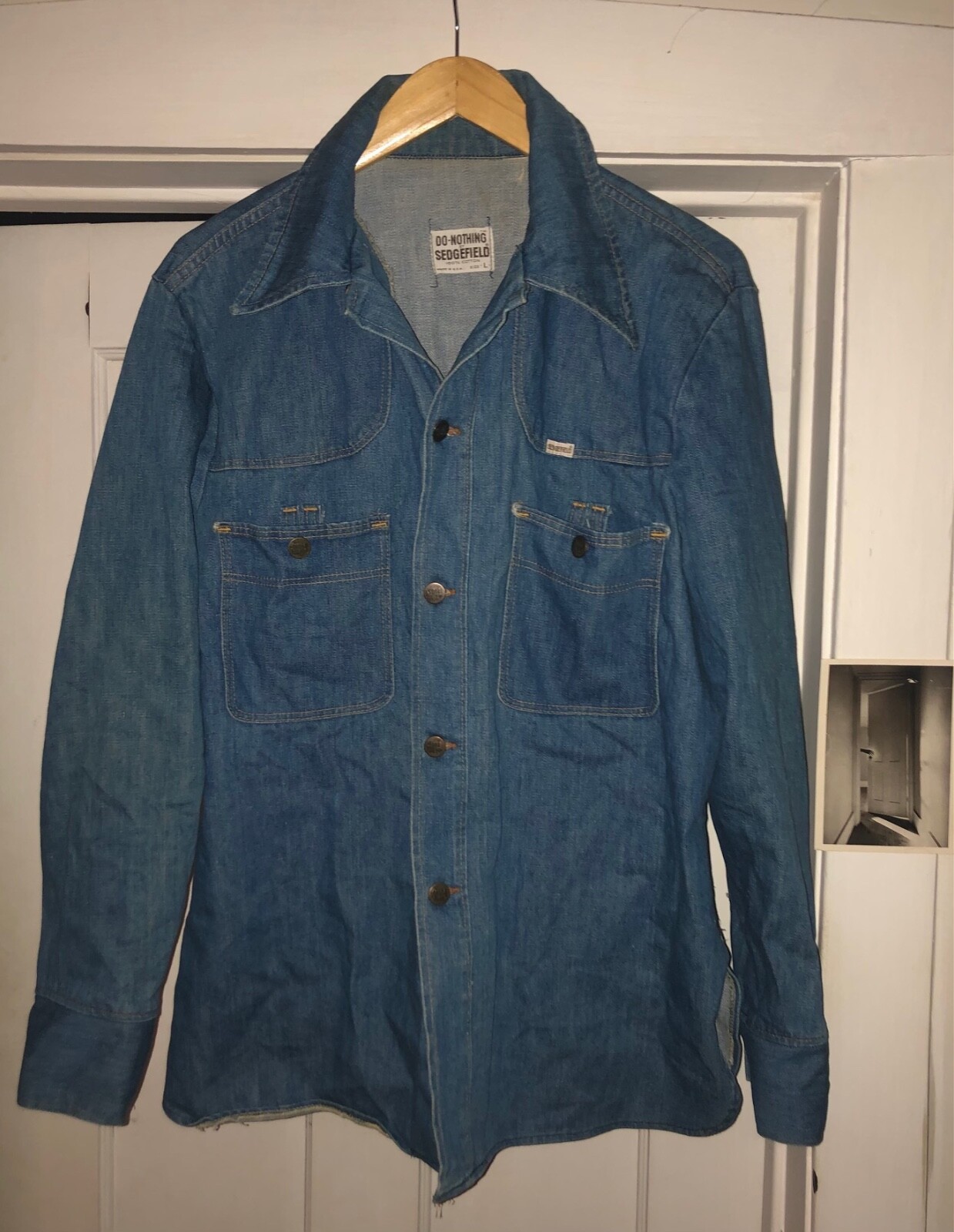 Vtg 70s Mens L SEDGEFIELD Chore Blue Denim Jacket/Overshirt  Button Fade Boho