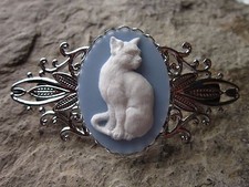 CAT CAMEO SILVER FILIGREE BARRETTE - CAT- KITTY - WHITE ON BLUE - HANDMADE