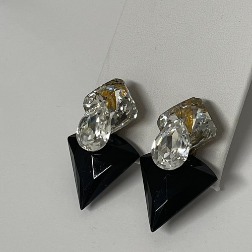 Vintage 1980s Wendy Gell Large Clip Statement Earrings Clear Rhinestone & Black - Picture 8 of 10