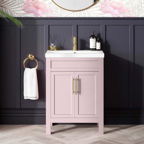 600mm Traditional Matt Pink Freestanding Vanity Unit with Basin Brass handles - 第 1/10 張圖片