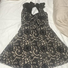 Black Lace Floral Fit & Flare Short Dress Strappy Sleeveless Keyhole Party