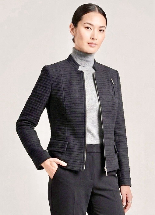 Akris Punto Black Wool Blend Ribbed Textured Zippered Blazer, Size 8