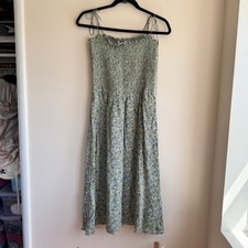 New Reformation Sable Smocked Dress Green Blue Floral Tie Strap Sleeveless Sz L