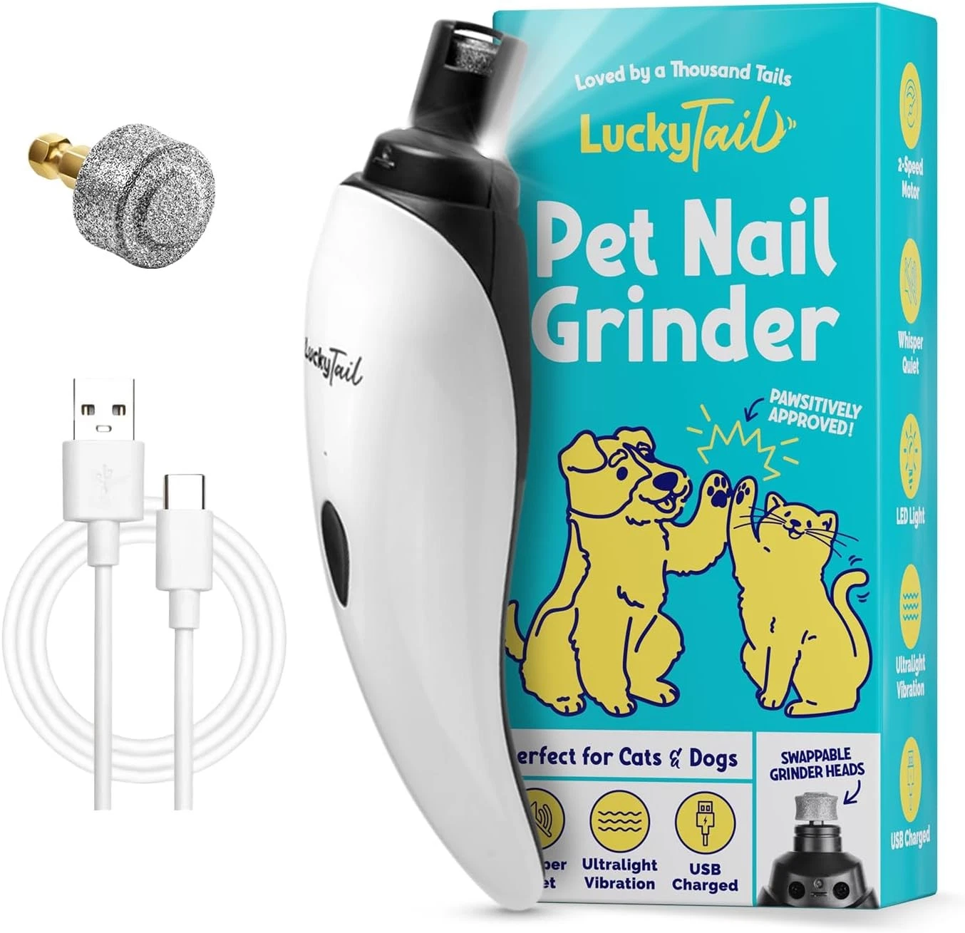 LuckyTail Pet Nail Grinder for Dogs and Cats - Super Quiet Grinder, White