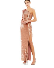 Mac Duggal Sequined One Sleeve Column Gown High Slit Dress