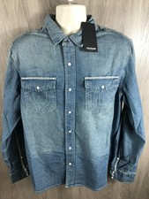 True Religion Mens Size XL Medium Wash Long Sleeve Chambray Snap Denim Shirt NWT