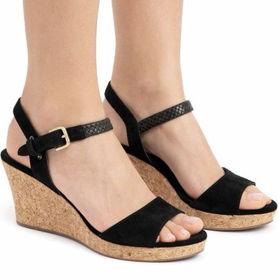 UGG D Alessio Wedge Sandal SIZE 8 Black Suede Cork Heel Platform Slingback Braid