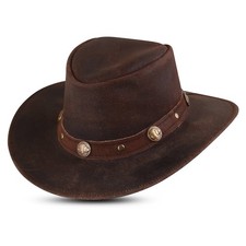 Brown Distressed Leather Cowboy Hat Western Outback Hat Decorative Band