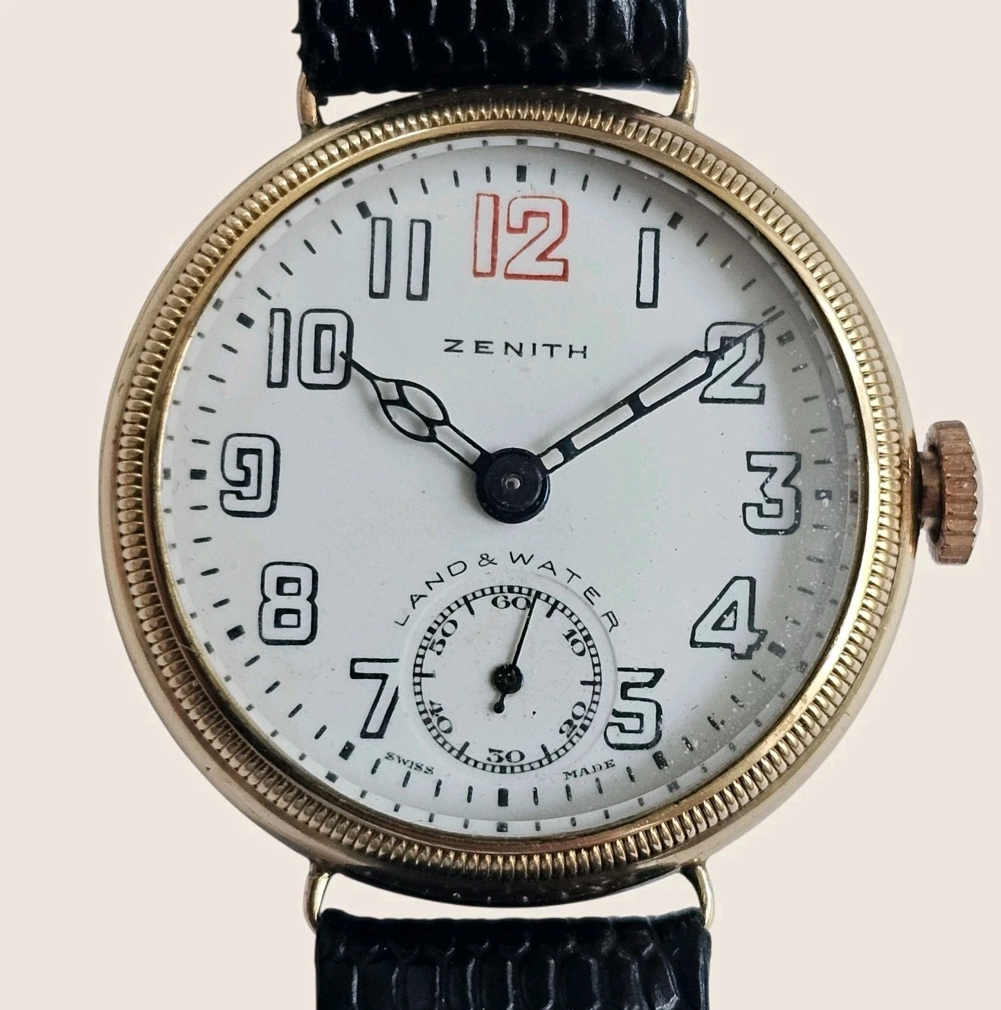 Zenith — Vintage 9k Solid Gold Zenith Land & Water Trench Manual Men's Wristwatch 9ct