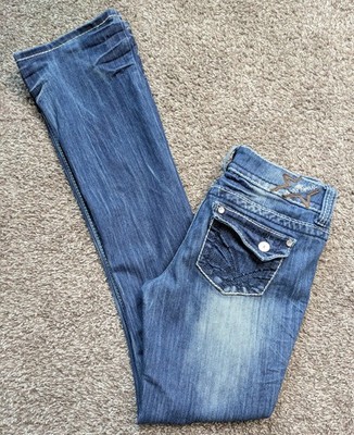 Almost Famous Embroidered Thick Stitch Jeans  Distressed Boot Cut Juniors Size 7