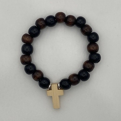 Brown & Black Wood Round Beaded Stretch Bracelet with Cross Dangle Charm