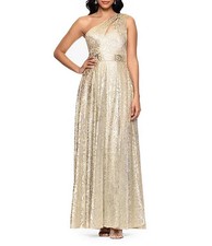 Betsy  Adam Champagne Gold Metallic Floral One-Shoulder Gown Size 12 278