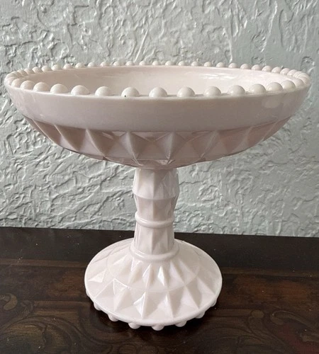 Vintage MCM Jeanette Pink Milk Glass Pedestal Compote Candy Dish 5 1/2” Classic