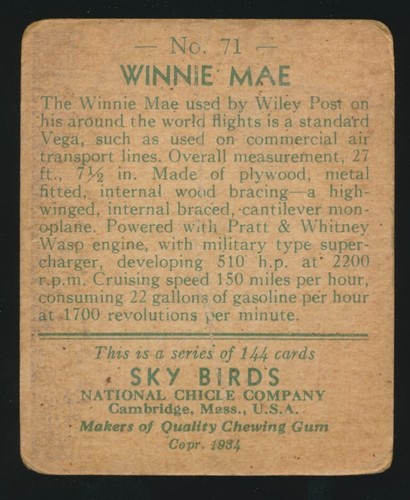 1934 R136 National Chicle SKY BIRDS (Series of 144) -#71 WINNIE MAE (Wiley Post) - 第 2/2 張圖片