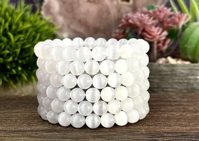 Wholesale 6 Pcs Natural Selenite 8mm 7.5  Crystal Stretch Bracelet