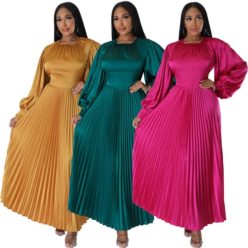 Stylish New Womens O Neck Long Puff Sleeves Solid Casual Long Pleated Dress Club - Picture 1 of 9