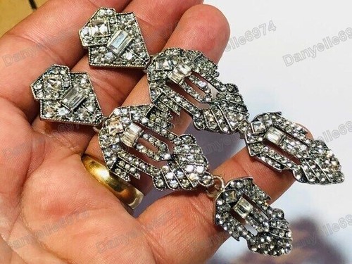 PENDIENTES COLGANTES DE CRISTAL geométricos ART DECO 4" de largo vintage plata estrás ESTUDS - Imagen 5 de 12