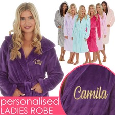 Personalised Ladies Hooded Plain Dressing Gown Plush Fleece Bathrobe Embroidered