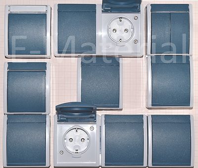 Busch Jaeger Aufputz Feuchtraum Schalter + Steckdosen '' Ocean ''  grau / blaugrün