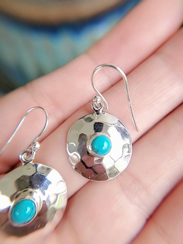 Hammered Turquoise Natural Stones Sterling Silver 925 Drop Statement Earrings - Picture 7 of 9